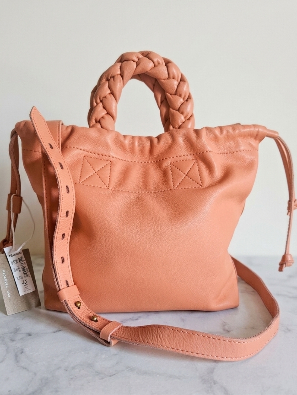 Madewell The Piazza Braided-Handle Leather Crossbody Bag in Peach NWT